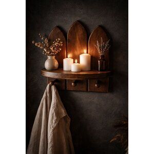 Handmade Gothic Cathedral Arch Wood Wall Shelf 3 Hooks Dark Walnut Witchy Altar